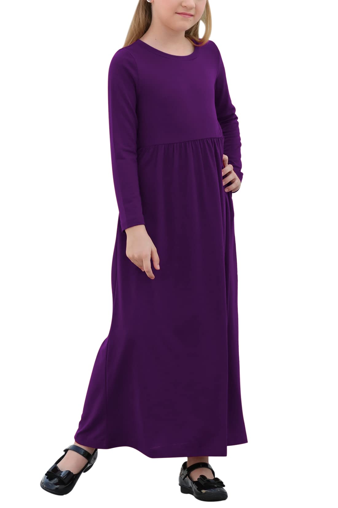 GORLYA Girl's Long Sleeve Floral Print Loose Casual Holiday Long Maxi Dress with Pockets 4-12 Years (12-13Years/Height:160cm, Purple)