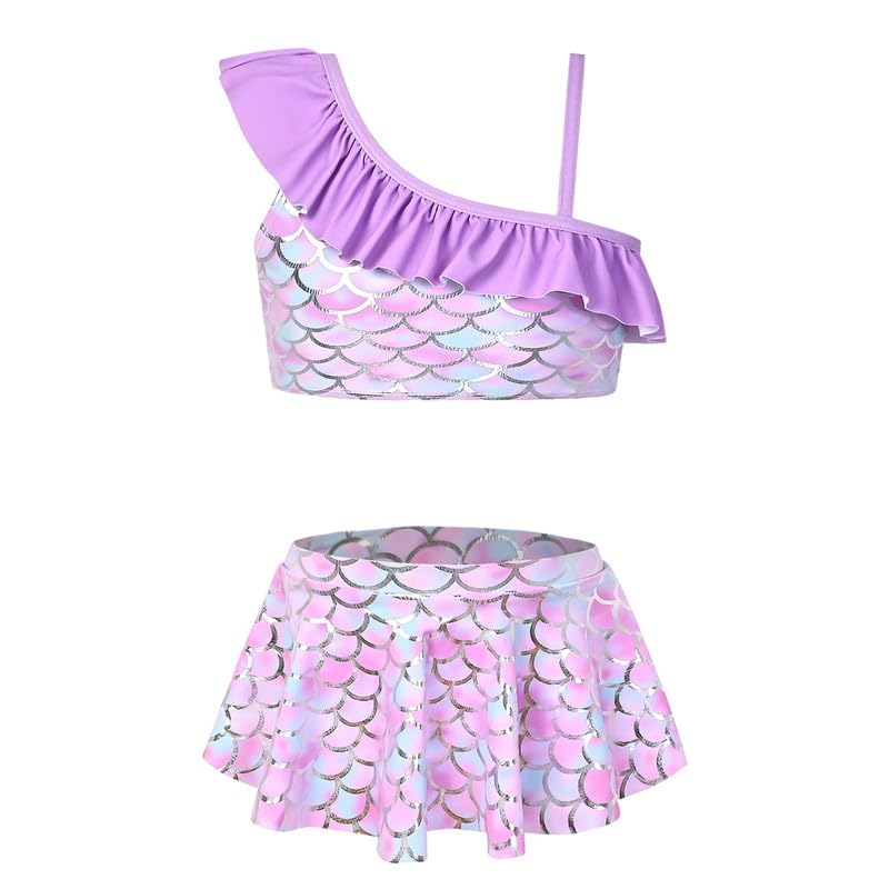 Kids Two-Piece Swimsuits Purple Mermaid Bathing Suits Girls One Shoulder Beach Wear Size 10 11