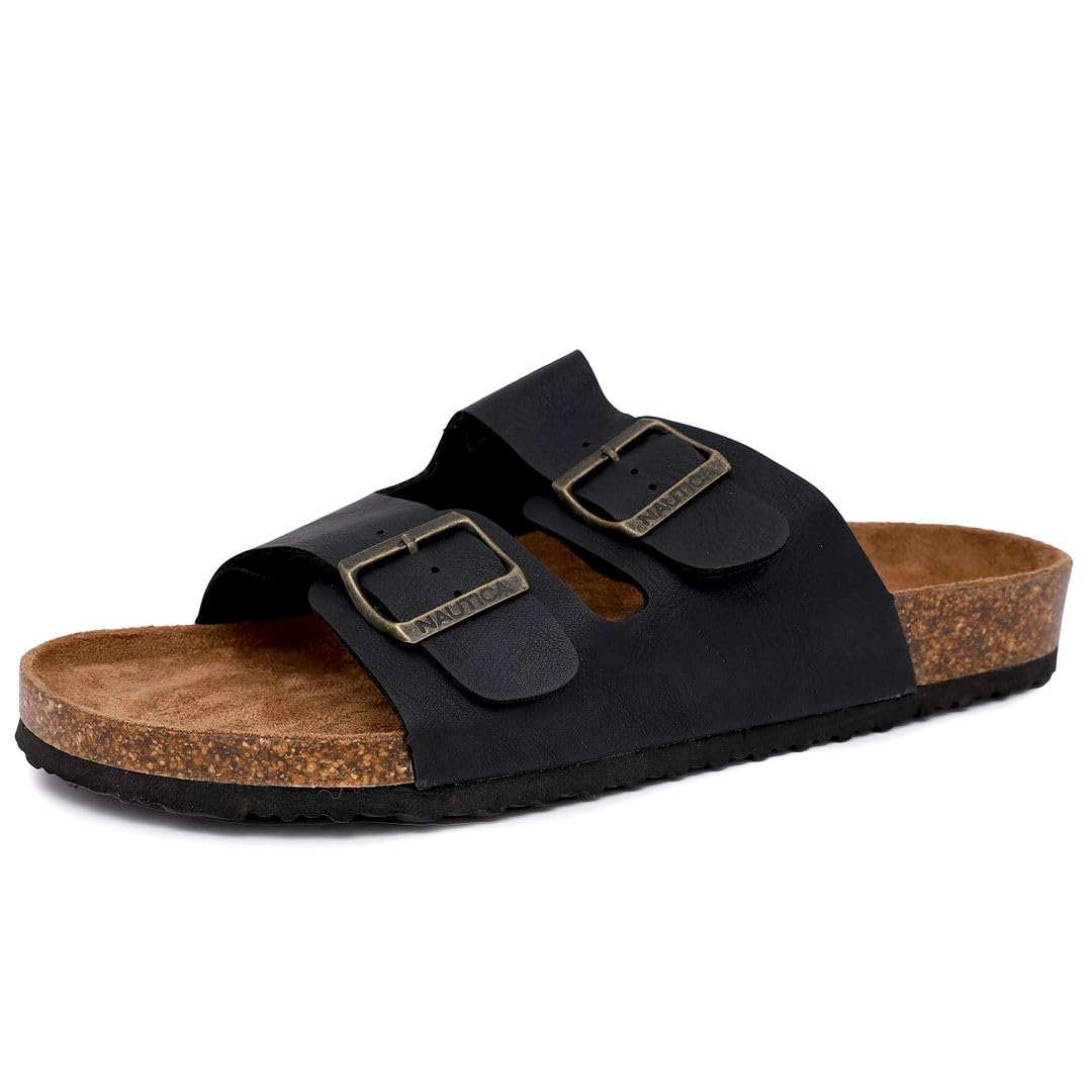 Nautica Men's Double Buckle Slide-Comfort Sandal-Slip-on Adjustable Waterproof Flat's-Triun-Black Tumbled-Size-7
