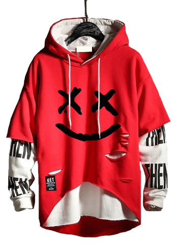 Hello MrLin Men's Techwear Hip Hop Hoodie Japanese Streetwear Patchwork Urban Jumper Red