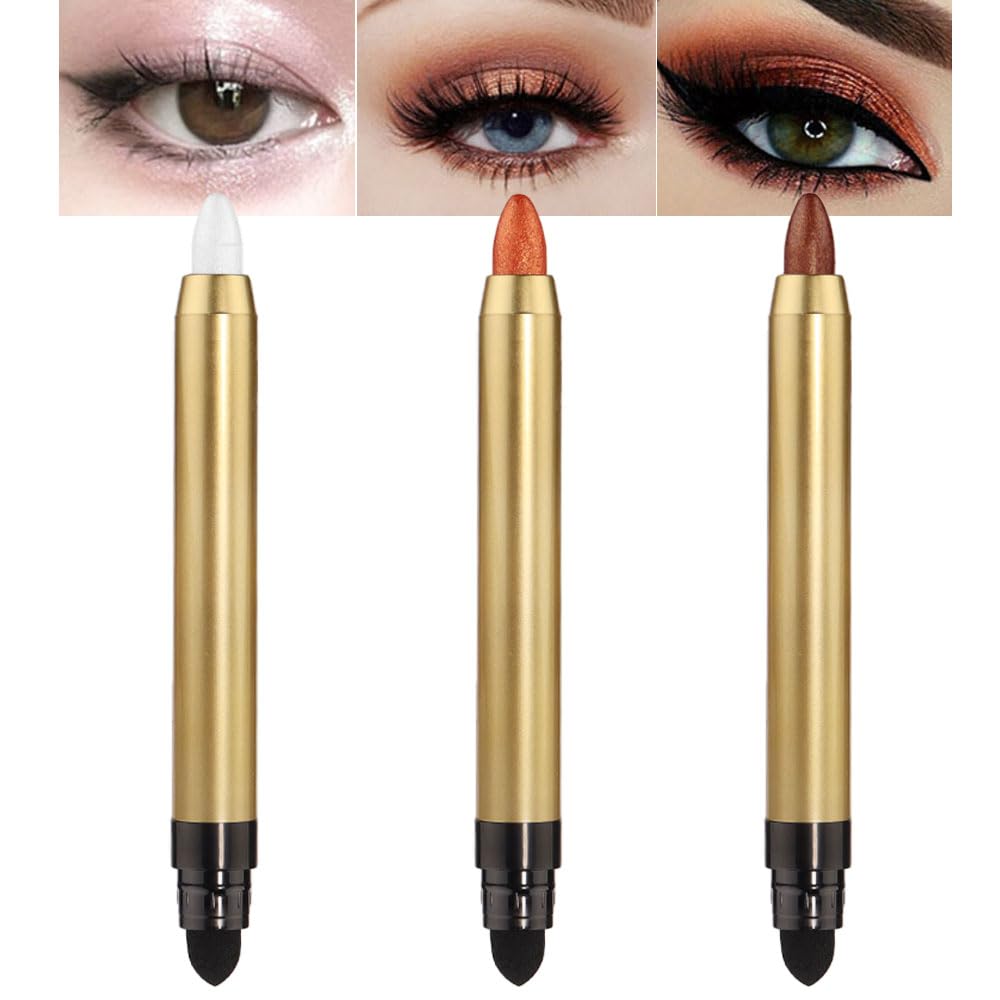 CAKAILA 3 Pcs 2 in 1 Eyeshadow and Eyeliner Pen Kit,White Brown Highly pigmented Shimmer Eye Shadow Pencil Crayon,Long Lasting Smudge-proof & Waterproof Eye Brightener Highlighter Makeup Sets