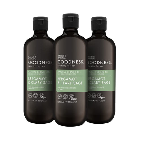 Baylis & Harding Goodness Men's Bergamot & Clary Sage Natural Shower Gel, 500 ml (Pack of 3) - Vegan Friendly