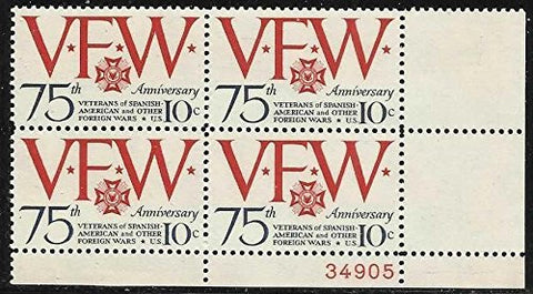 No. 1525, U. S. Postage Stamp Plate Block 1974 10c Veterans of Foreign Wars