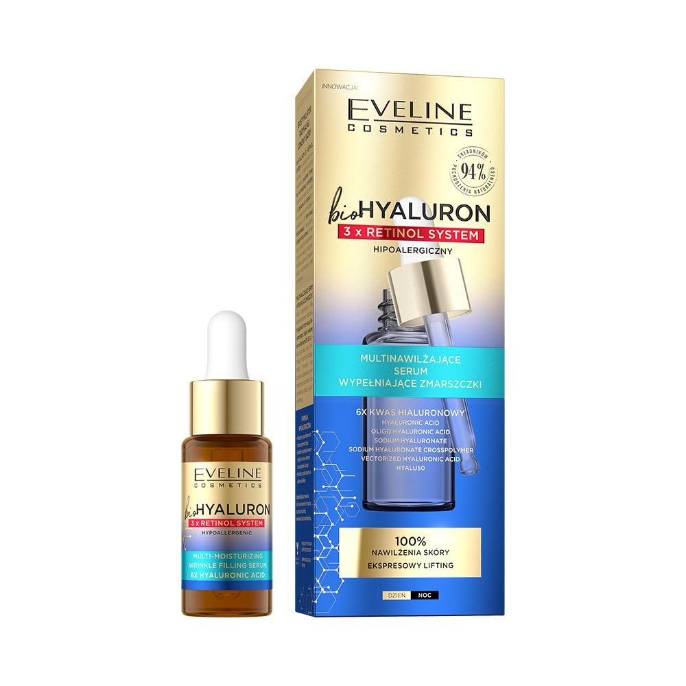 Eveline Cosmetics Biohyaluron 3xRetinol System Anti-Aging Hydrating Serum with Hyaluronic Acid and Niacinamide - 99% Natural Vegan Formula for Wrinkle Reduction and Intense Skin Moisturization, 18ml