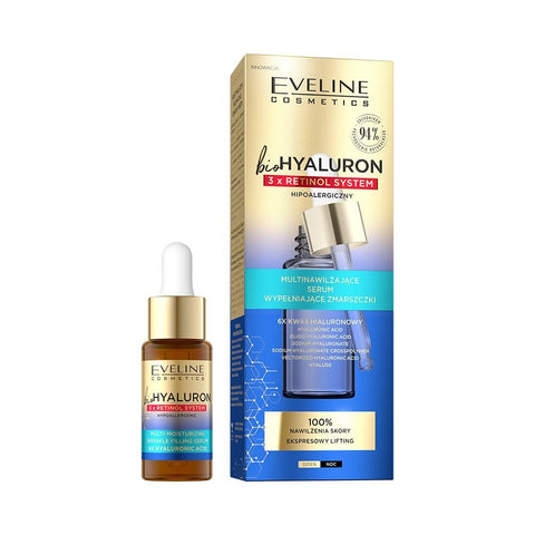 Eveline Cosmetics Biohyaluron 3xRetinol System Anti-Aging Hydrating Serum with Hyaluronic Acid and Niacinamide - 99% Natural Vegan Formula for Wrinkle Reduction and Intense Skin Moisturization, 18ml