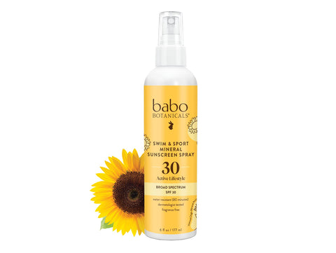 Babo Botanicals Swim & Sport Mineral Sunscreen Spray SPF 30 - Natural Zinc Oxide - Face & Body - For all ages - Dermatologist Tested - Cruelty-Free - Fragrance-Free - Water Resistant