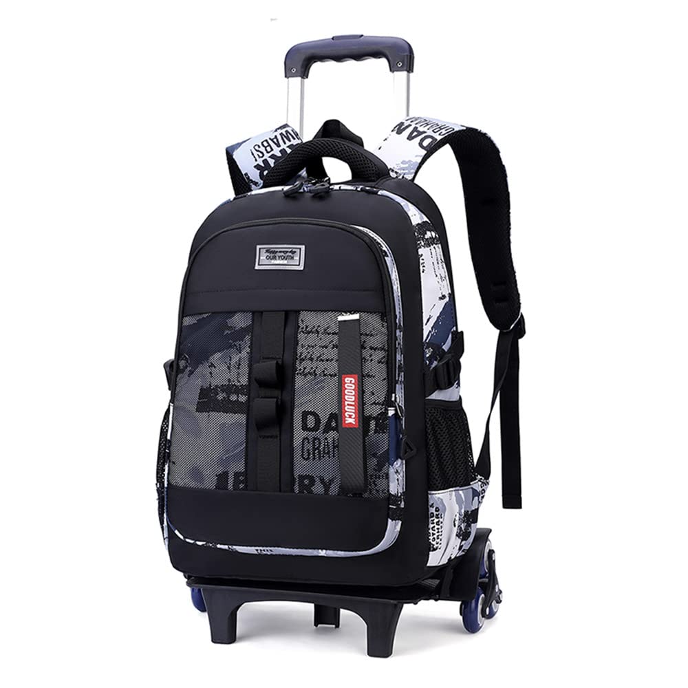 ETAISHOW Boys Rolling Backpack Wheeled Backpack Kids School Bag with 6 Wheels Trolley Bookbag Black White