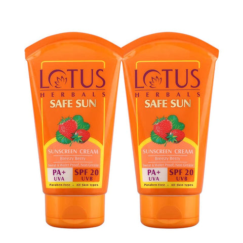 Lotus Herbals Safe Sun Sunscreen Cream - Breezy Berry SPF 20 PA+| Sweat & Waterproof, Non-Greasy| Berry extract| | All skin types|50g (Pack Of 2)