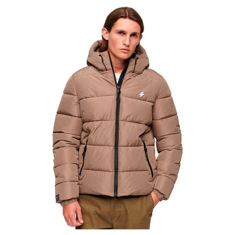 Superdry Mens Hooded Sports Puffer Jacket Fossil Brown Size L