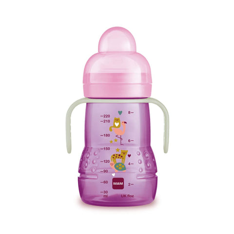 MAM Silicone Trainer Night, 4+Months, 220 ml Pink, with Handles That Glow in The Dark