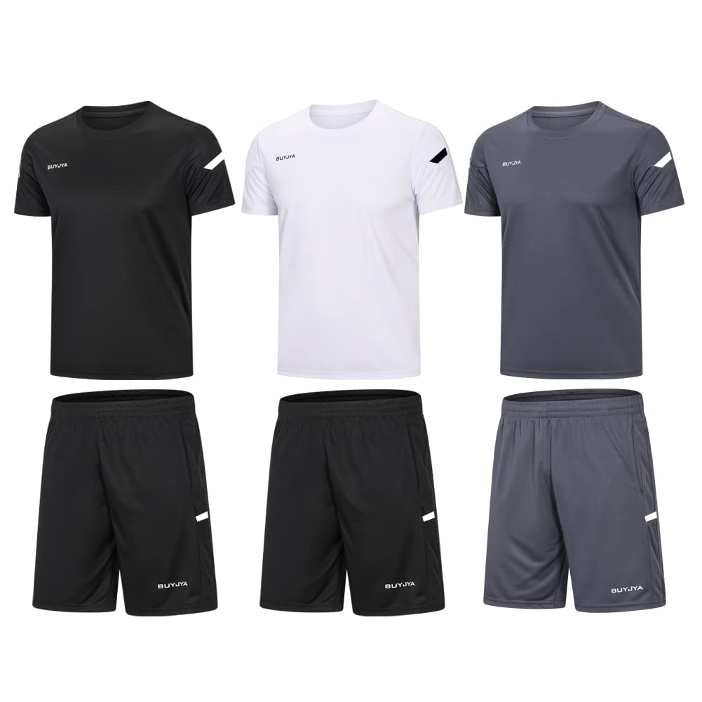 BUYJYA Men's Workout Clothes Athletic Shorts Shirt Set 3 Pack for Basketball Football Exercise Running Gym