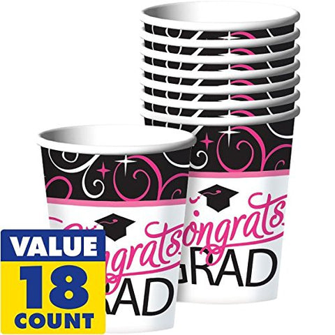 Amscan Sparkling Pink & Black Graduation Party Paper Cups Tableware, Pink/Black, 9 oz