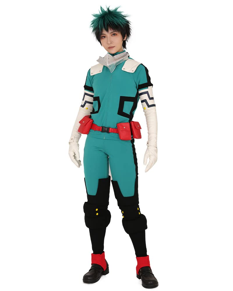 miccostumes Men's Costume Anime Hero Cosplay Green Fighting Suit Green Full-body Jumpsuit With red belt And Knee Pads (XS)