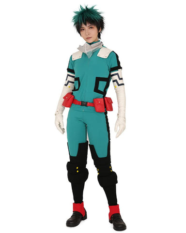 miccostumes Men's Costume Anime Hero Cosplay Green Fighting Suit Green Full-body Jumpsuit With red belt And Knee Pads (XS)