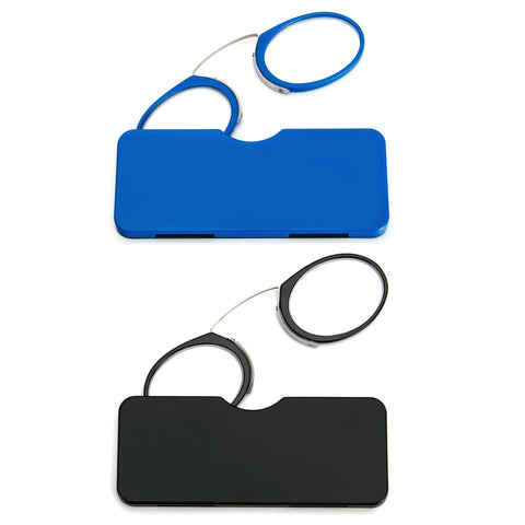 DXYXYO Slim Pocket Armless Clip on Nose Reading Glasses Men, Women 2 Pack Mini Compact Thin Readers with Small Portable Case, 1.5+ Black and Blue
