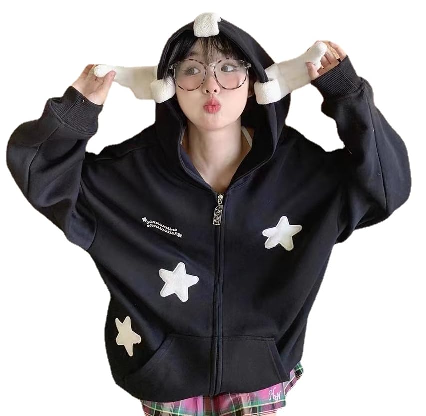 grhaat Kawaii Angel Wings Star Hoodie Y2k Japanese Anime Zipper Harajuku Casual Sweatshirt Cutecore Designer Streetwear (Medium,black)