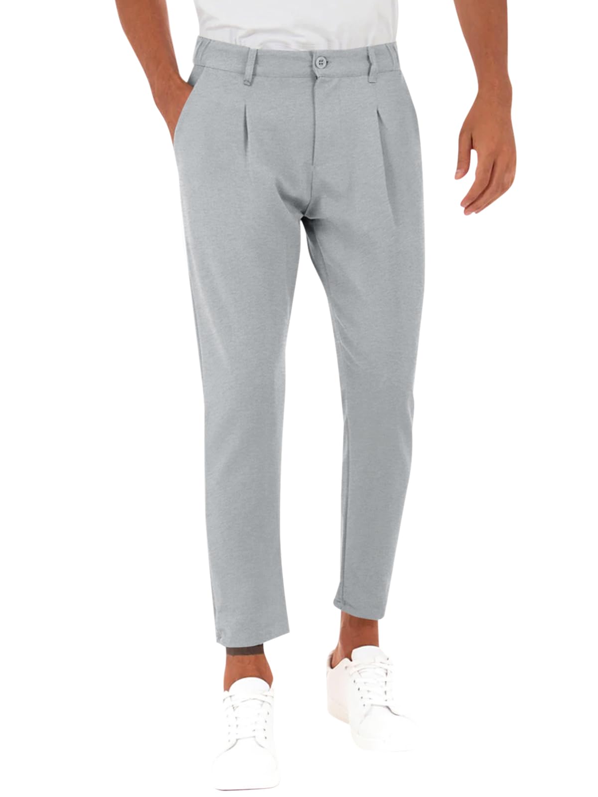 Runcati Mens Slim Fit Dress Pants Business Casual Golf Chino Pants Stretch Pleated Slacks Grey