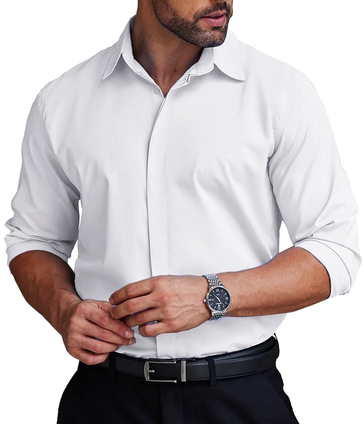 COOFANDY Mens Button Down Long Sleeve Shirts Work Office Clothes Fall Summer 2024 Fashion Untucked Travel Shirt Slim Fit Anti-Wrinkle Uniform Dress Shirt White Medium