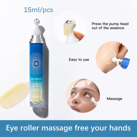 Paminify 5% Caffeine Eye Serum with 360Ãƒâ€šÃ‚Â° Massage Rollerball Topper,Caffeine Eye Cream for Dark Circles,Wrinkles,Puffiness and Fine Lines,Under Eye Roller Cream Eye Bags Treatment for Women and Men