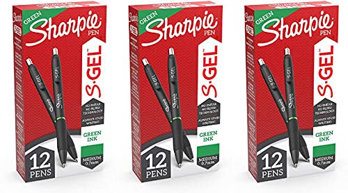 S-Gel, Gel Pens, Medium Point (0.7mm), Green Gel Ink Pens, 12 Count Pack of 3