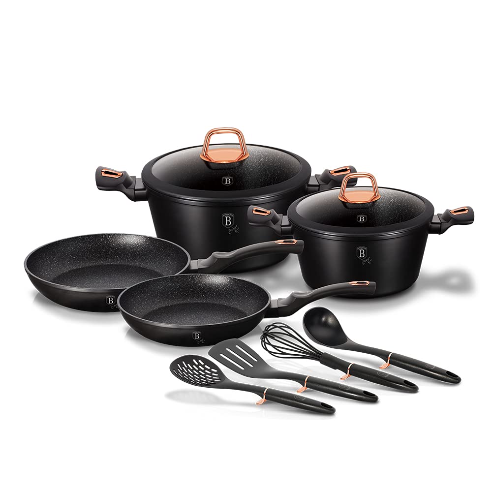 Berlinger Haus Black Rose Induction Cookware Set of 10 Pieces, Non-Stick Marble PFOA Free, Aluminium, Set of 2 Casseroles, 2 Glass Lids, 2 Pans, 4 Utensils, Modern Design, Ceramic, Gas