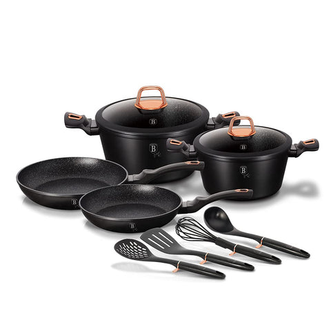 Berlinger Haus Black Rose Induction Cookware Set of 10 Pieces, Non-Stick Marble PFOA Free, Aluminium, Set of 2 Casseroles, 2 Glass Lids, 2 Pans, 4 Utensils, Modern Design, Ceramic, Gas