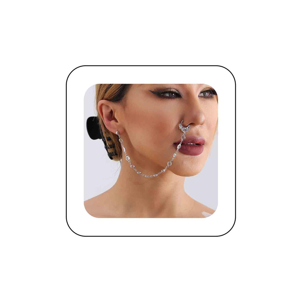 Inateannal Punk Fake Nose Ring Chain Silver Crystal Dangle Nose Hoop Ring with Chain Non Piercing Cuff Nose to Ear Chain Faux Rhinestone Nose Ring Indian Jewelry for Women Girls