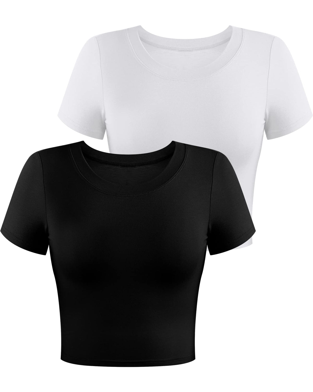 Syhood 2 Pack Women's Short Sleeve Crop Tops, Long Sleeve Basic Round Neck Workout Sets Slim Fit Cropped Top Tight T Shirt(Black/White, Short Sleeve, Medium)