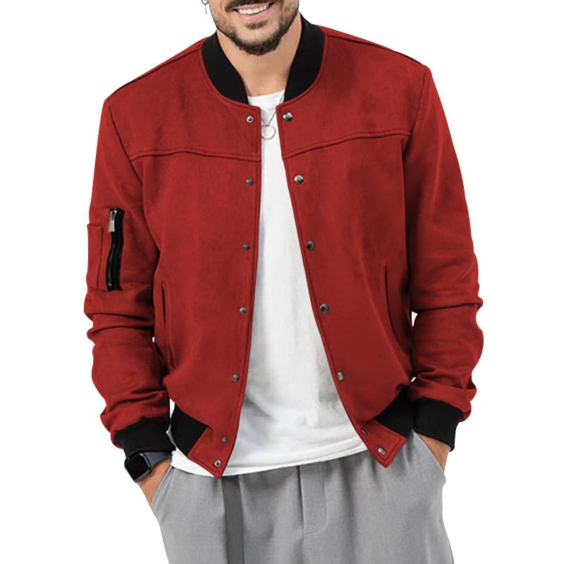 congluoki Men's Casual Varsity Jacket Long Sleeve Button Down Cardigan Vintage Suede Bomber Jackets Red L