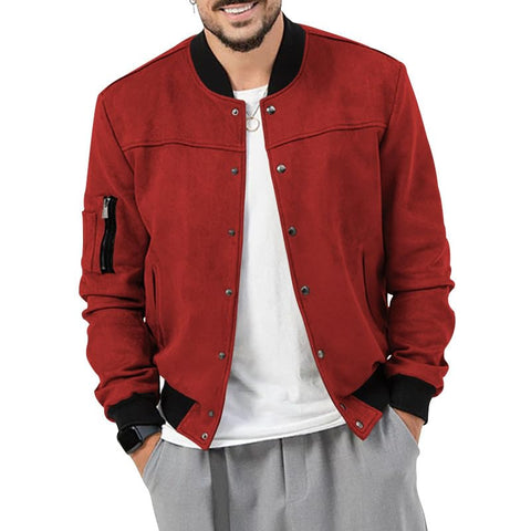 congluoki Men's Casual Varsity Jacket Long Sleeve Button Down Cardigan Vintage Suede Bomber Jackets Red L