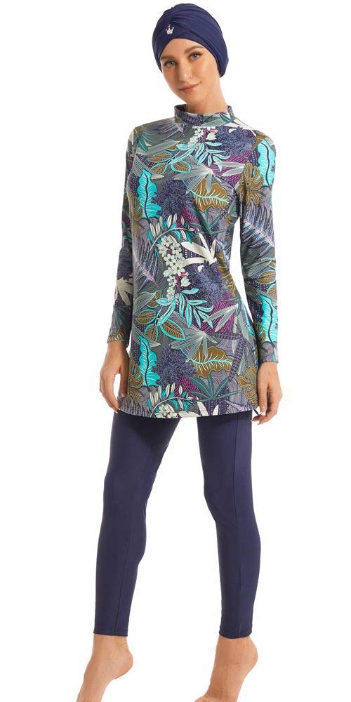 Ababalaya Fully Covered Swimsuits 3 Pieces Full Covered Burkini Swimwear with Swimming Cap - Blue - Tag Size 2X-Large/10-12