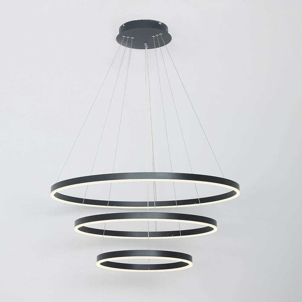 AIRUI Circle Chandelier LED,3-Ring Pendant Light Modern Acrylic Adjustable Hanging Lamp Living Room Dining Table Restaurant Ceiling Light,Black+NeutralLight-40+60+80cm
