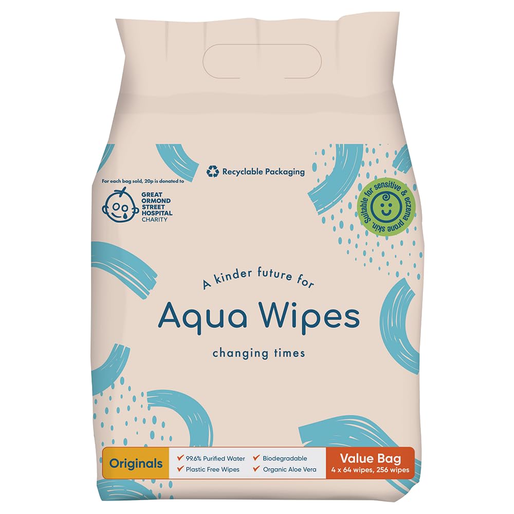 Aqua Wipes Originals Baby Wipes - Vegan Friendly Biodegradable Natural Wipes - 99.6% Purified Water Dermatologically Tested Eco Wipes - Organic Wipes with Aloe Vera Leaf Extract - Bundle of 4 packs