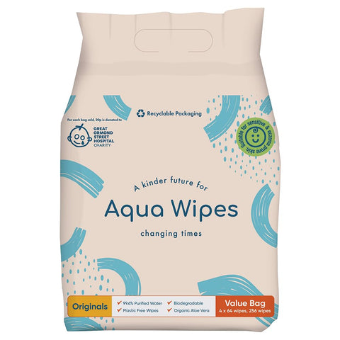 Aqua Wipes Originals Baby Wipes - Vegan Friendly Biodegradable Natural Wipes - 99.6% Purified Water Dermatologically Tested Eco Wipes - Organic Wipes with Aloe Vera Leaf Extract - Bundle of 4 packs