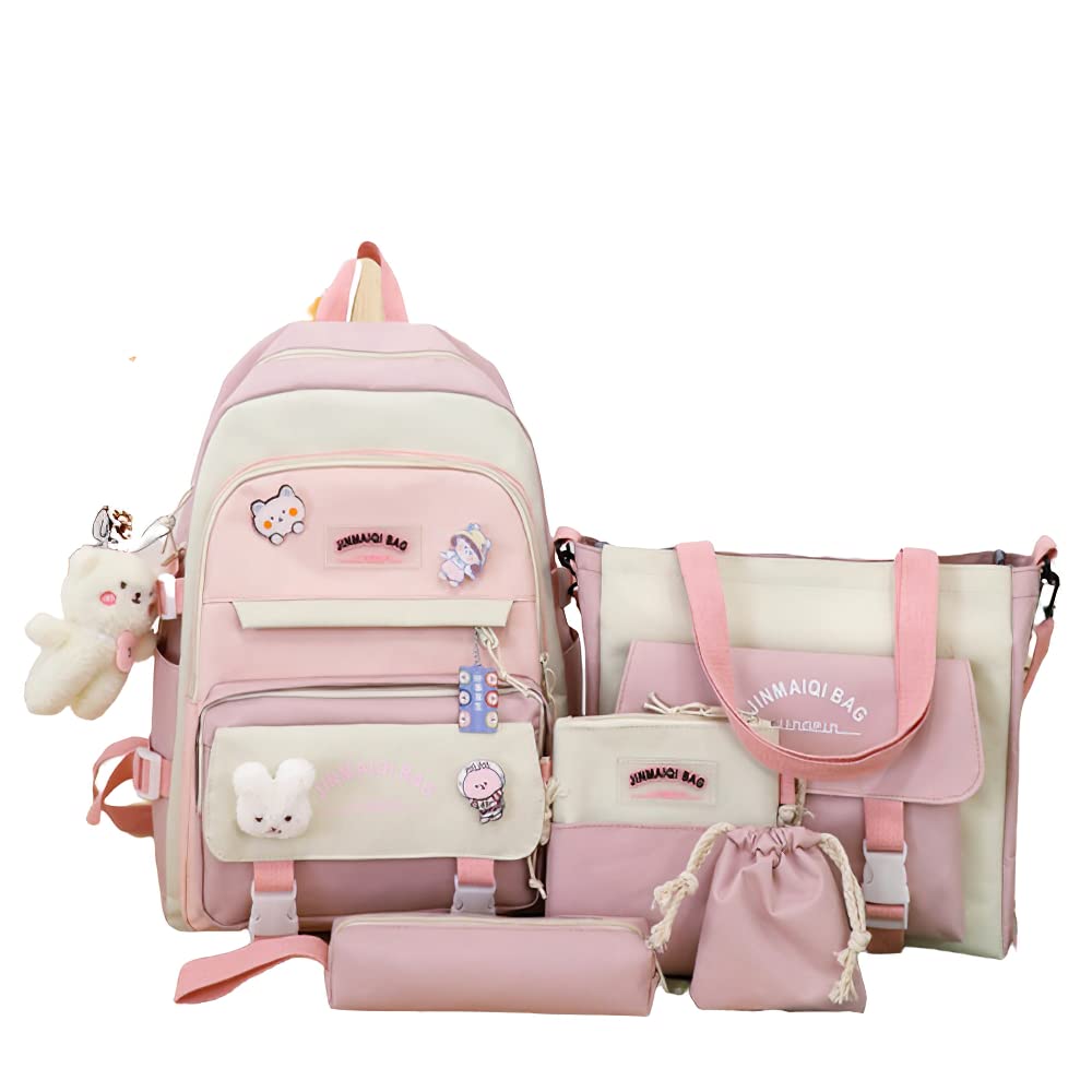LaurelTree Kawaii Aesthetic Cute 5pcs School Bags Set with Accessories School Suppliers for Teens Girls Backpack Tote Bag (Pink)
