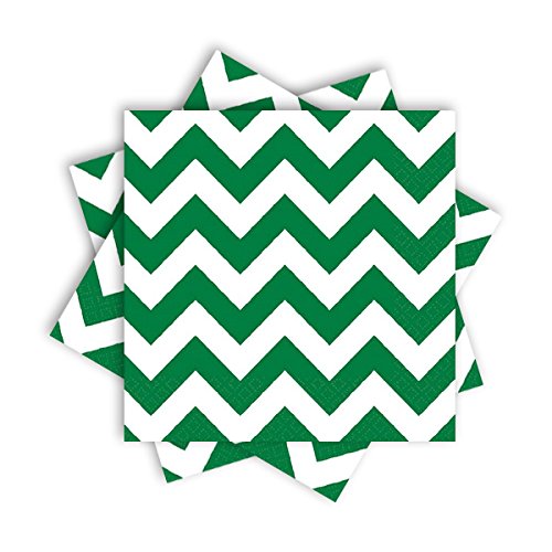 Party Perfect Disposable Chevron Print Beverage Napkins Tableware, Festive Green, Paper , 5" x 5", Pack of 16