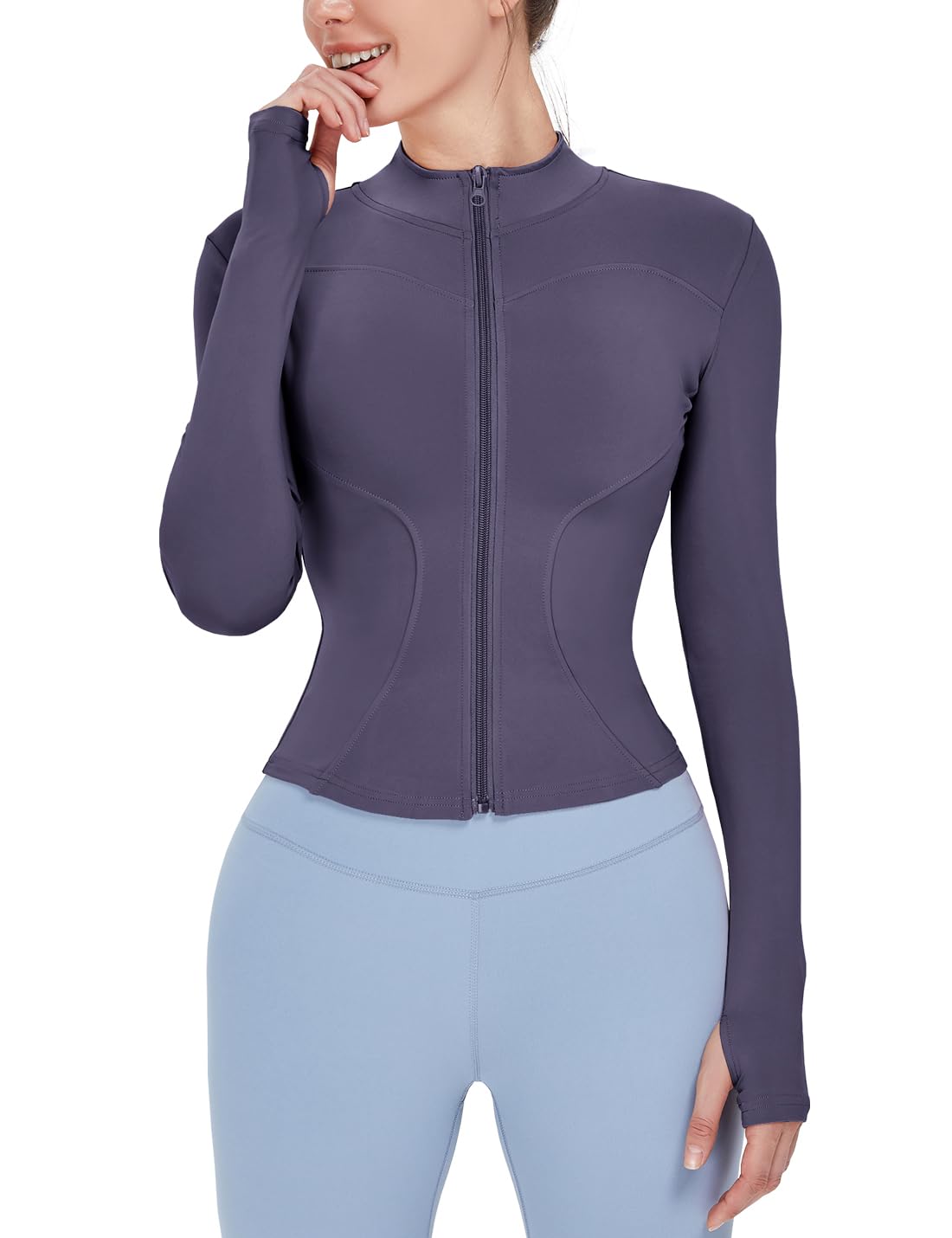 Locachy Women's Lightweight Stretchy Workout Full Zip Running Track Jacket with Thumb Holes Purple XS
