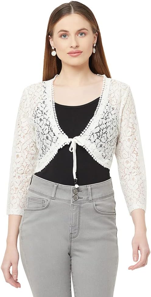ESPRESSO Women Designer Lace Front Tie Up Short Shrug/Cardigan (Regular and Plus Size), Off-White, M