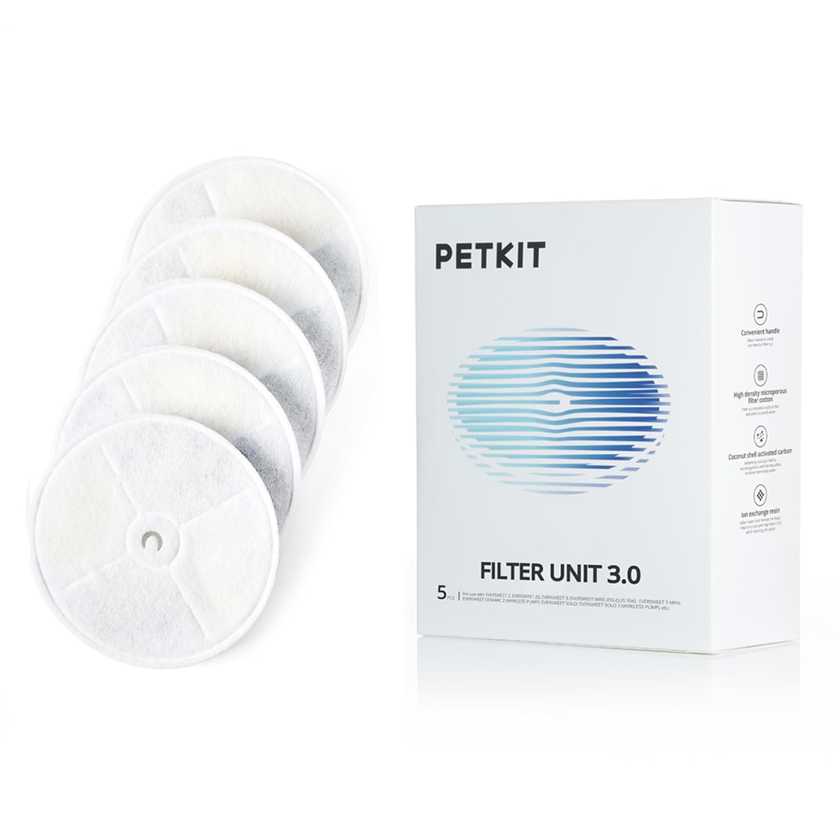 PETKIT Upgraded Filter Units 3.0 for PETKIT Pet Water Fountains Eversweet 2S/3/3 Pro,Eversweet Solo/Solo SE & CYBERTAIL, Replacement Filters (5pcs)