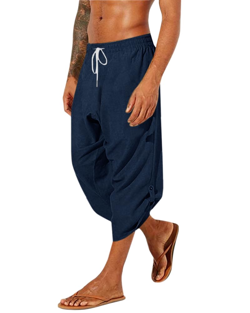 Runcati Mens Linen Harem Capri Pants Yoga Beach Drawstring 3/4 Shorts Casual Hippie Pants Navy Blue
