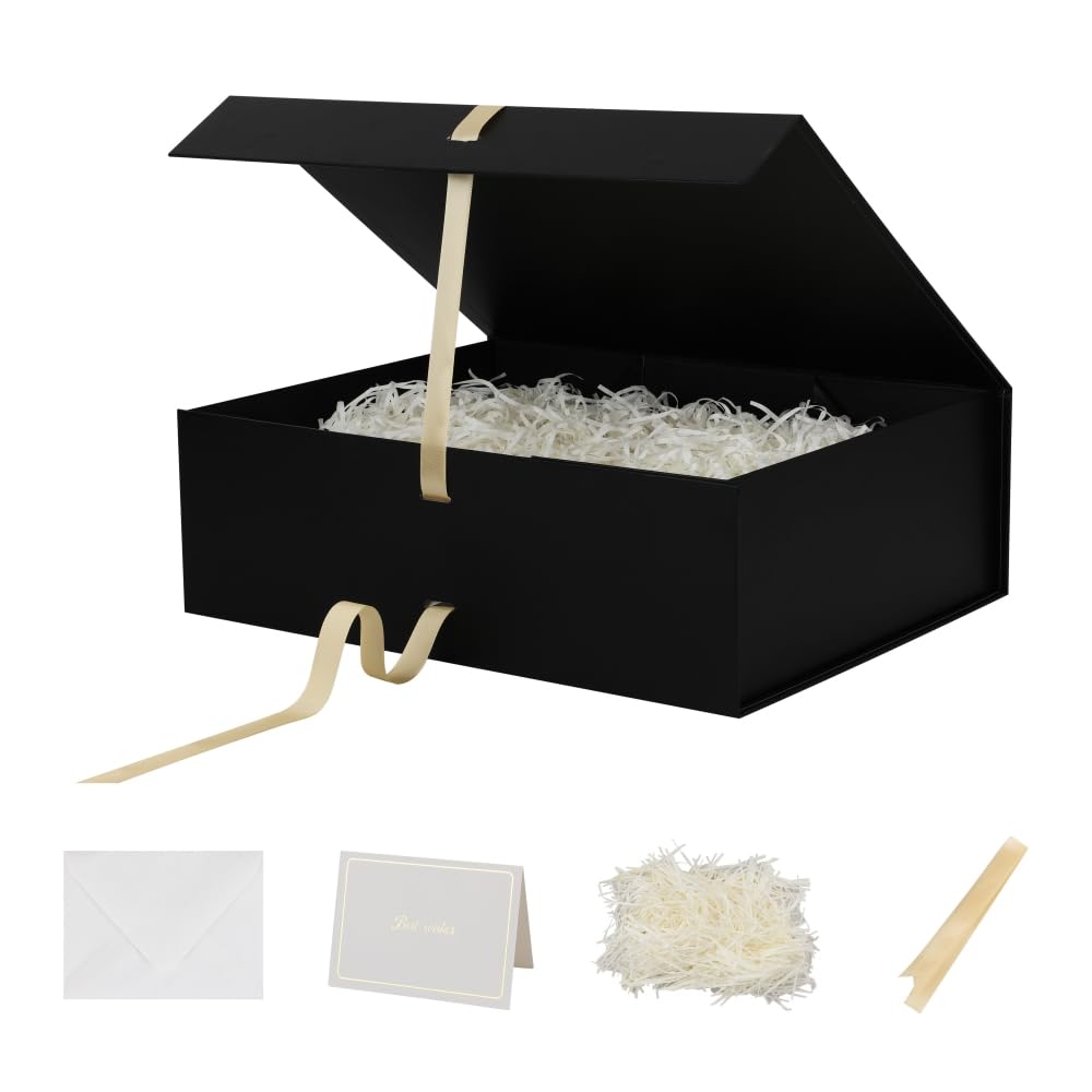 BoxSkivra Large Black Gift Box with Ribbon 1 Pack 16.5X13X5.3 Inch Extra Large Gift Box with Lid Magnetic Closure Rectangle Collapsible Luxury Gift Box for Wedding Dress?Shredded Paper Filler & Card