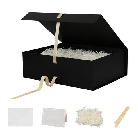 BoxSkivra Large Black Gift Box with Ribbon 1 Pack 16.5X13X5.3 Inch Extra Large Gift Box with Lid Magnetic Closure Rectangle Collapsible Luxury Gift Box for Wedding Dress?Shredded Paper Filler & Card