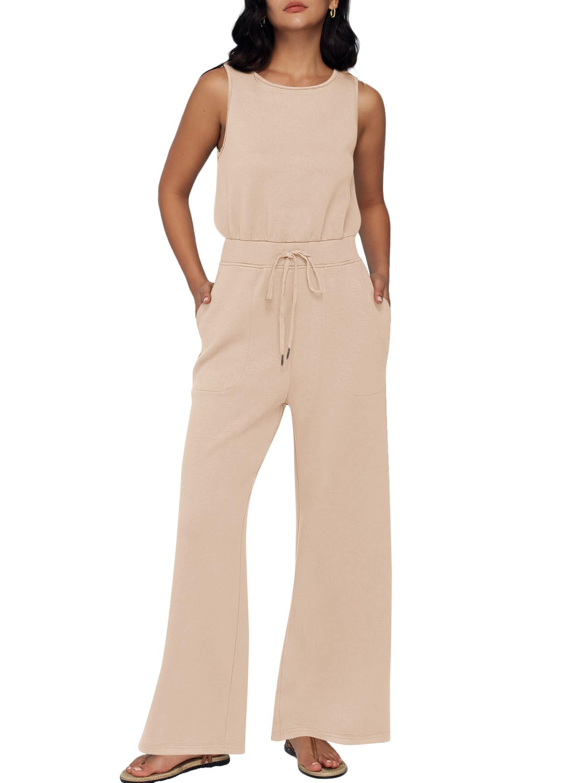AUTOMET Womens Jumpsuits Dressy Summer Outfits Casual Sleeveless Wide Leg Long Pants Rompers Fashion Clothes 2024 Beige XL