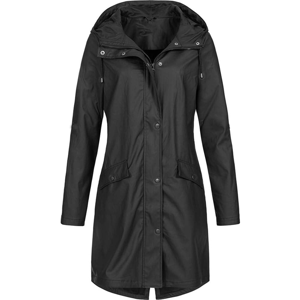 DABAOK Womens Rain Coat Womens Solid Color Rain Jacket Outdoor Hoodie Waterproof Long Coat Overcoat Windproof Activewear