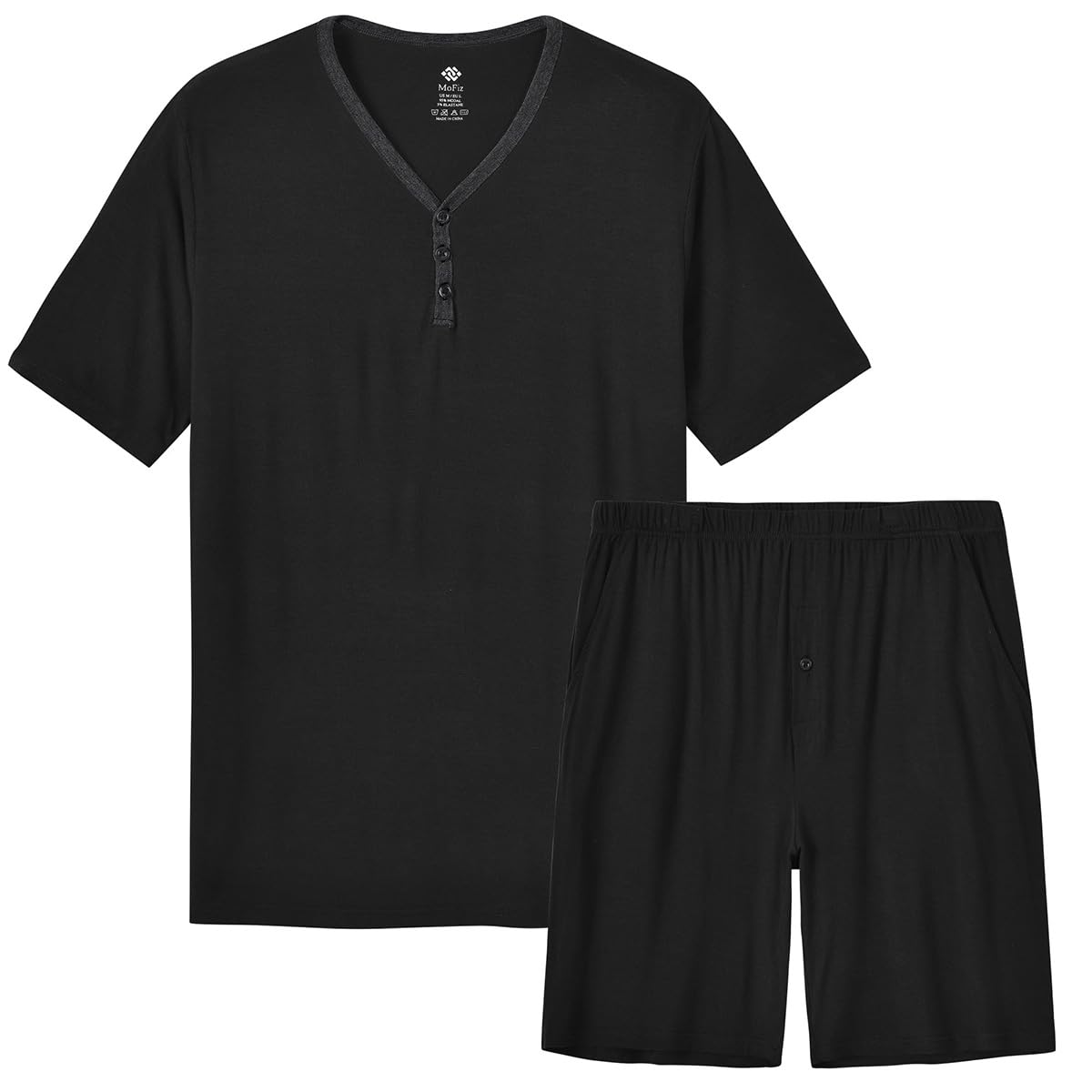 MoFiz Mens Pajama Short Sets Pijama 2 Piece Summer House Lounge Pj's Lightweight Night Suits T-Shirts&Bottom Shorts Sleep Sets (Black M)