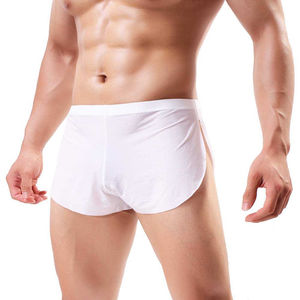 Swbreety Men's Ice Silk Boxer Briefs Shorts Split Side Trunks Underpants - white - Medium
