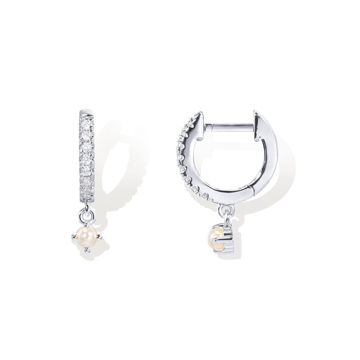 PAVOI 14K Gold Plated 925 Sterling Silver Post Huggie With Dangle | Small Gold Hinged Hoop Earrings For Women | Trendy Dangle Hoop Earrings | CZ Huggie Earrings (Pearl & CZ, White Plated)