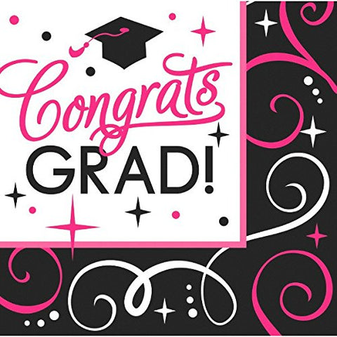 Amscan Sparkling Graduation Party Congrats Grad Beverage Paper Napkins (Pack of 36), Pink/Black, 5" x 5"