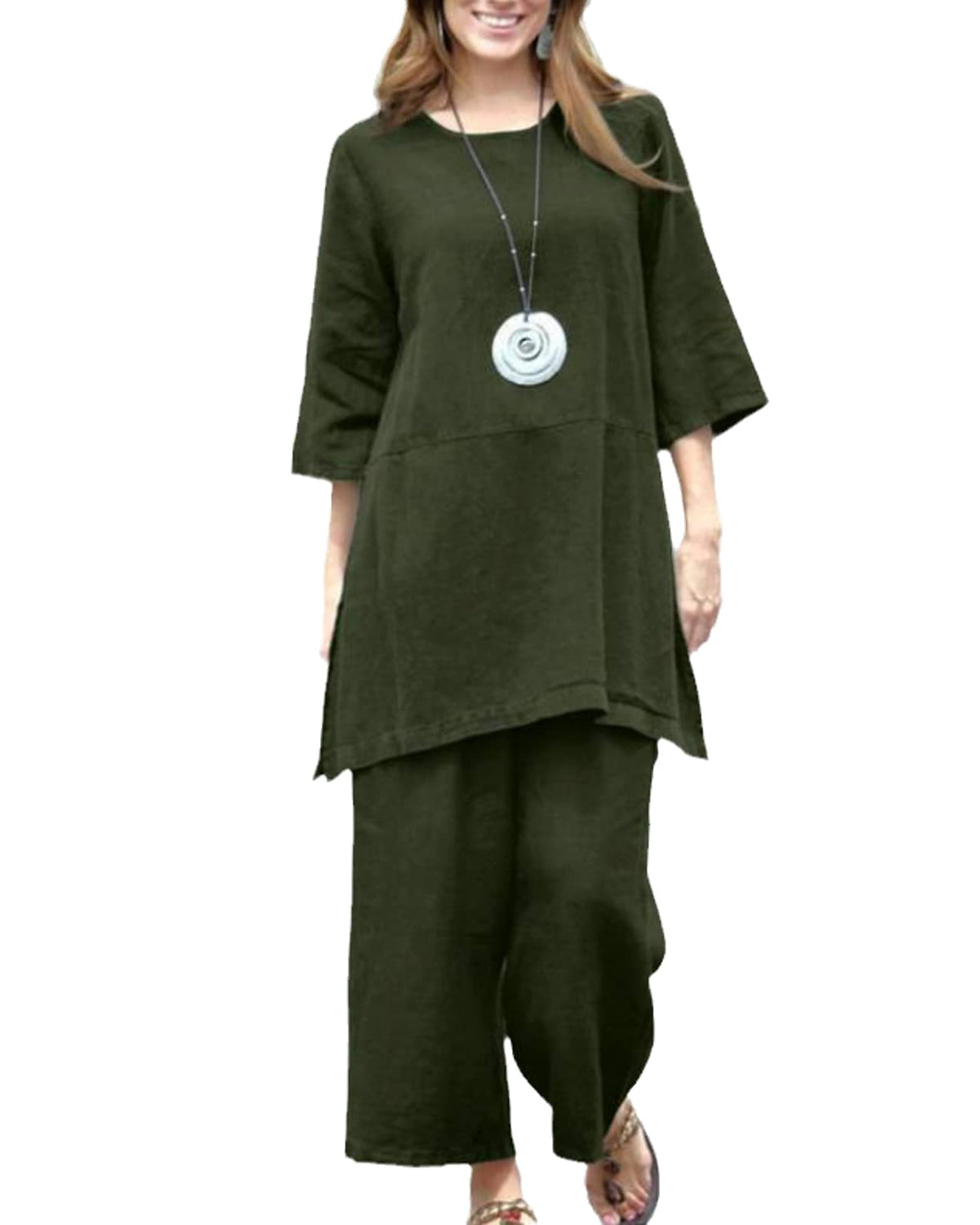 Women's Retro Cotton Linen Two Piece Set Solid Color Loose 3/4 Sleeve Linen Tops & Pants 2PCS Set Army Green XXL