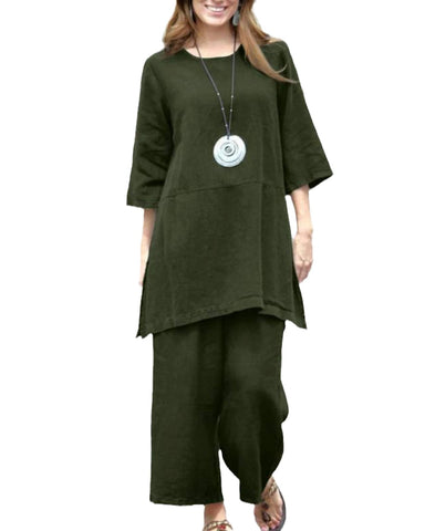 Women's Retro Cotton Linen Two Piece Set Solid Color Loose 3/4 Sleeve Linen Tops & Pants 2PCS Set Army Green XXL